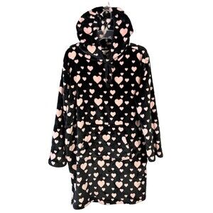 Wildfox Plush Hooded Robe Lounger Black Pink Hearts Long Sleeve Women Size S/M
